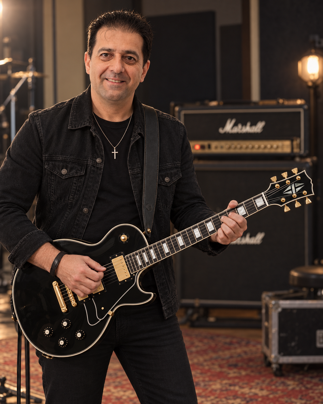 Kovács István Csaba fekete Gibson gitárral